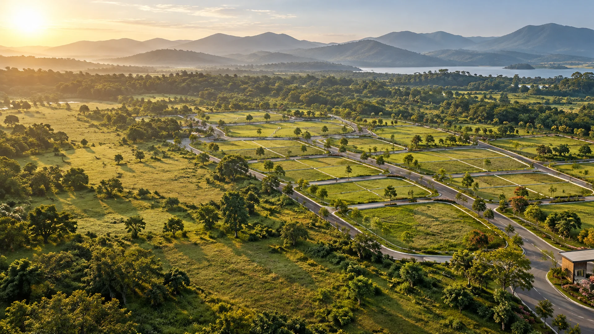 Illustrative aerial landscape of open green plots, tree-lined roads and distant hills